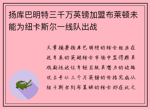 扬库巴明特三千万英镑加盟布莱顿未能为纽卡斯尔一线队出战