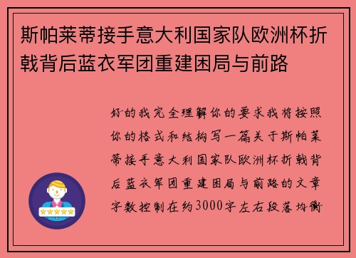 斯帕莱蒂接手意大利国家队欧洲杯折戟背后蓝衣军团重建困局与前路