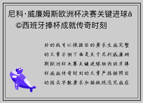 尼科·威廉姆斯欧洲杯决赛关键进球助西班牙捧杯成就传奇时刻