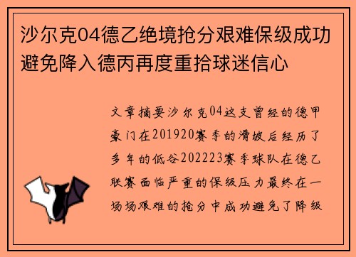 沙尔克04德乙绝境抢分艰难保级成功避免降入德丙再度重拾球迷信心