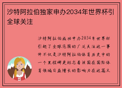 沙特阿拉伯独家申办2034年世界杯引全球关注